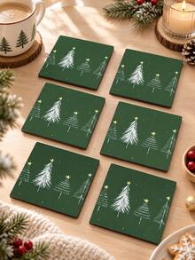 Cirelle 1 Set/2 Set 6PCS/12PCS Tatakan Gelas Kayu Natal Warna Hijau Tua, Alas Cangkir Persegi Tahan Panas Anti Selip dengan Motif Pohon Natal, Dekorasi Meja Meriah untuk Cangkir Kopi, Meja Makan, Dapur, Pesta Natal, Dekorasi Rumah Liburan - MultiWarna - View 2