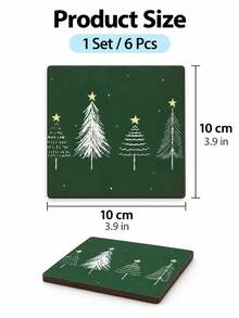 Cirelle 1 Set/2 Set 6PCS/12PCS Tatakan Gelas Kayu Natal Warna Hijau Tua, Alas Cangkir Persegi Tahan Panas Anti Selip dengan Motif Pohon Natal, Dekorasi Meja Meriah untuk Cangkir Kopi, Meja Makan, Dapur, Pesta Natal, Dekorasi Rumah Liburan - MultiWarna - View 3
