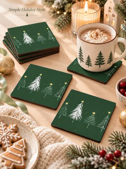 Cirelle 1 Set/2 Set 6PCS/12PCS Dark Green Christmas Wooden Coasters, Square Heat-Resistant Non-Slip Cup Mats With Christmas Tree Print, Festive Tabletop Decor For Coffee Mug, Dining Table, Kitchen, Xmas Party, Holiday Home Decoration