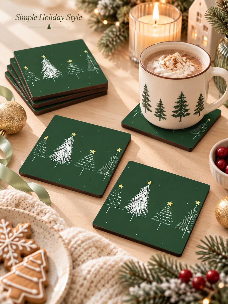 Cirelle 1 Set/2 Set 6PCS/12PCS Tatakan Gelas Kayu Natal Warna Hijau Tua, Alas Cangkir Persegi Tahan Panas Anti Selip dengan Motif Pohon Natal, Dekorasi Meja Meriah untuk Cangkir Kopi, Meja Makan, Dapur, Pesta Natal, Dekorasi Rumah Liburan - MultiWarna - View 1