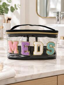 Clear PVC Cosmetic Pouch With Embroidered Letter Detail, Portable Travel Toiletry Storage Bag For Daily Organizing - Multicolor - View 2