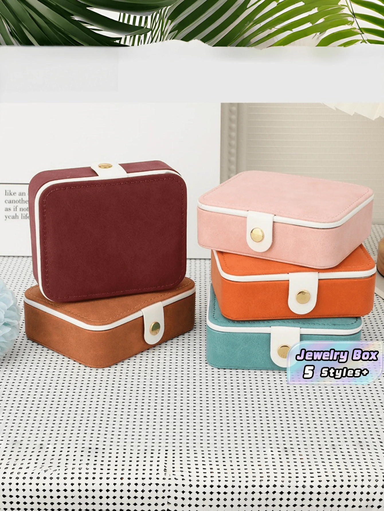 Portable Jewelry Box PU Leather Velvet Lining With Mirror Button Closure Earring Stud Ring Necklace Organizer Exquisite Compact Travel Case Thanksgiving Gift For Women Girls Home Dresser Trip - a - View 1