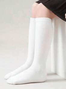 SHEIN Girls White Knee High Socks, Soft Stretchy School Uniform Socks, Classic Over The Calf Socks For Students, Daily Wear, JK, College Style - Multicolor - View 2