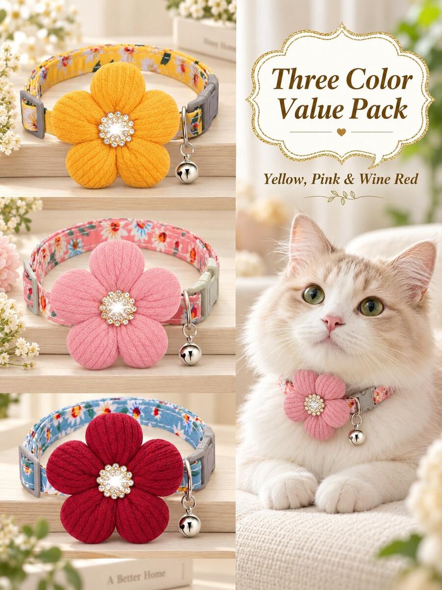 PETSIN 1PC Spring Floral Pet Collar - Soft Cotton Fabric With Daisy Print, 3D Knitted Flower With Rhinestone Accent, Adjustable Quick-Release Buckle With Bell, Fresh Cottagecore Aesthetic, Perfect For Picnics Outdoor Walks, Fits Small Dogs Cats - Multicolor - View 1