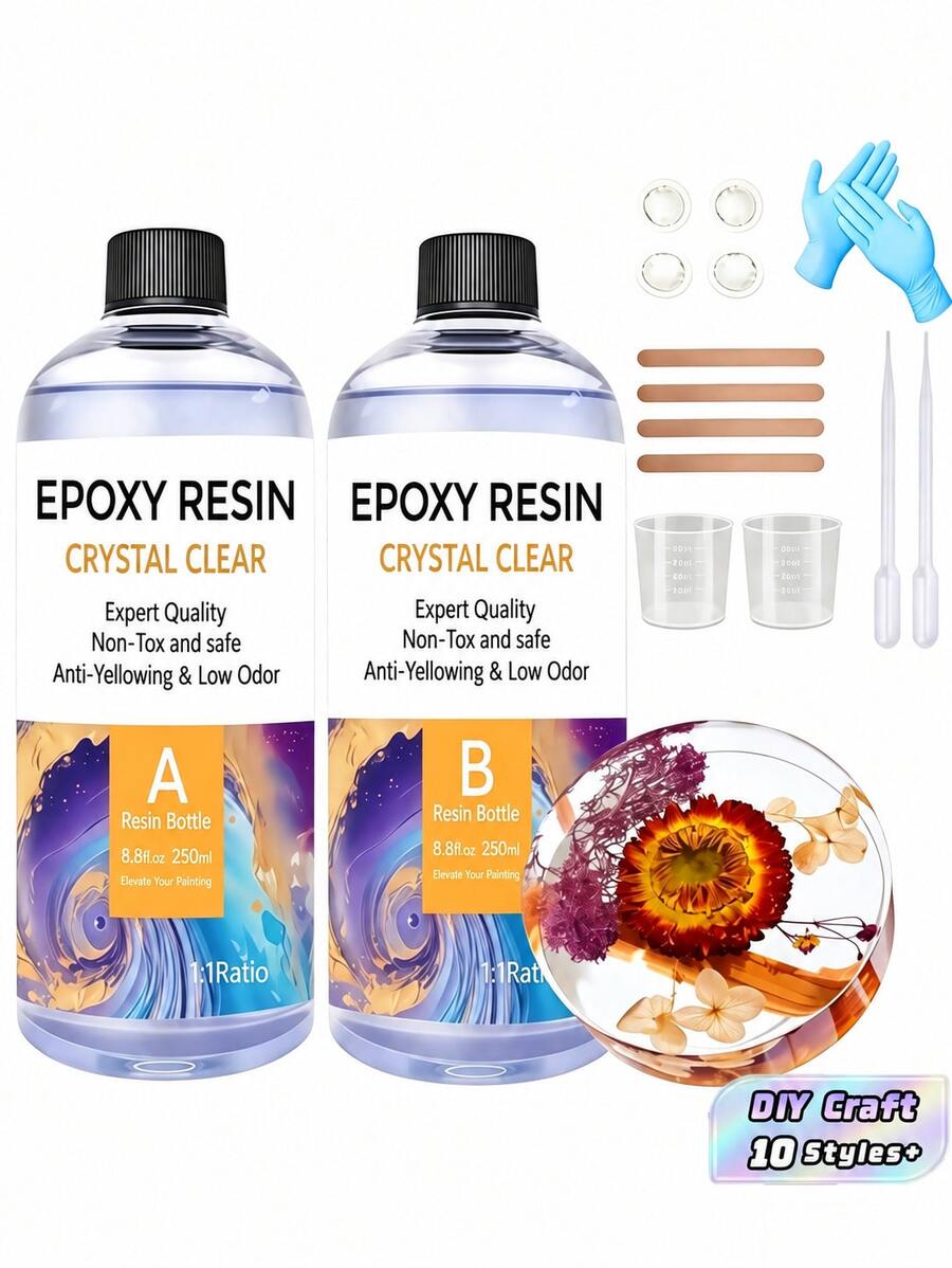 500ml 水晶环氧树脂套件 - 桌面环氧树脂套件 - 用于树脂模具、桌面、艺术树脂、工艺品、珠宝铸造、DIY、玻璃杯和木制工艺装饰的环氧树脂,简单混合比例为 1:1 - 白色 - 查看 1