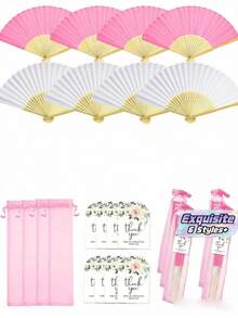 Decorative Handheld Folding Fan Set-Includes , Matching Thank-You Cards, And Organza Bags; Suitable For Weddings, Bridal Showers, Birthdays, Party Favors, Outdoor Decor, And Festive Event Styling. - multicolor - View 1