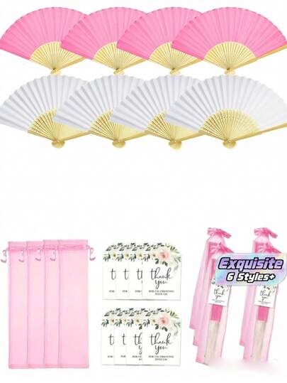 Decorative Handheld Folding Fan Set-Includes , Matching Thank-You Cards, And Organza Bags; Suitable For Weddings, Bridal Showers, Birthdays, Party Favors, Outdoor Decor, And Festive Event Styling.