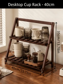 1pc Foldable 2‑Tier Bamboo Cup Storage Rack, No‑Assembly Countertop Coffee Mug Organizer, Slatted Desktop Display Shelf For Kitchen, Multiple Sizes & Colors - Multicolor - View 10