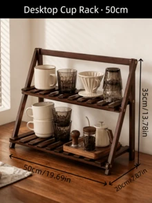 1pc Foldable 2‑Tier Bamboo Cup Storage Rack, No‑Assembly Countertop Coffee Mug Organizer, Slatted Desktop Display Shelf For Kitchen, Multiple Sizes & Colors - Multicolor - View 16
