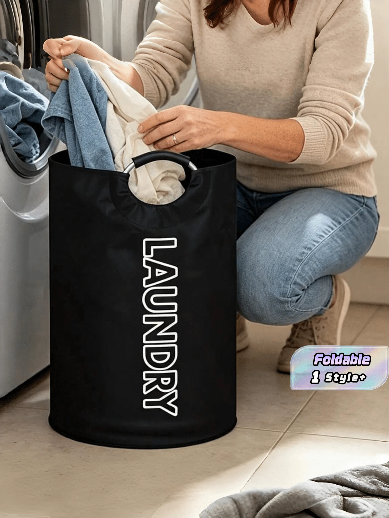 1pc Dirty Clothes Basket Storage Basket Large Capacity Soft Handle Dirty Clothes Storage Basket Foldable Storage Bucket Suitable For Bedrooms, Laundry Rooms, Home Furnishings Storage - Black - View 1