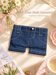 Joivida Blue Denim-Look Shorts Shaped Mini Storage Pouch, Cute Novelty Snap Button Card Holder Wallet, Stitched Small Organizer For Cards, Coins, Keys & Daily Essentials, Portable Travel Accessory, Birthday Holiday Gift - Multicolor - View 9