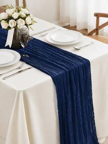1/5Pcs ,Navy Blue Bohemia Cheesecloth Table Runner Rustic Gauze Tablecloth Table Cover, Countryside Vintage Transparent Table Runner Farmhouse Decorative Table Runner,Simple Polyester Tablecloth Decoration, Suitable For The Dining Table - navy blue - View 2