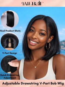 V Part Bob Wig Human Hair Glueless Install With Quick Drawstring Adjustment Straight Hair Natural Color 150% Density For Women, Clip In Upgrade U Part Human Hair Wig, None Lace Wig Human Hair Wear & Go For Beginner Friendly 9AM Hair Cosplay Y2K Ss26 - SNatural - View 1