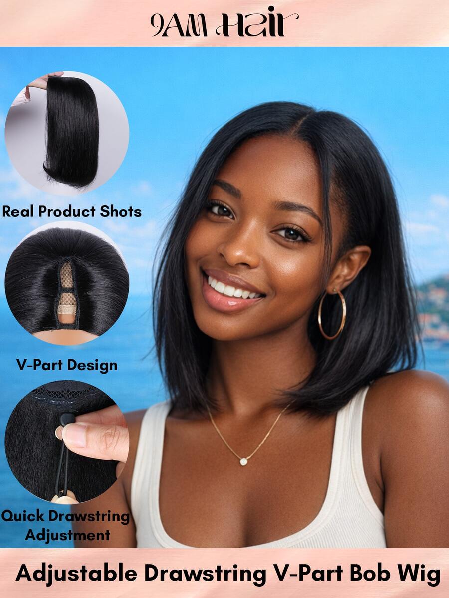 V Part Bob Wig Human Hair Glueless Install With Quick Drawstring Adjustment Straight Hair Natural Color 150% Density For Women, Clip In Upgrade U Part Human Hair Wig, None Lace Wig Human Hair Wear & Go For Beginner Friendly 9AM Hair Cosplay Y2K Ss26 - SNatural - View 1