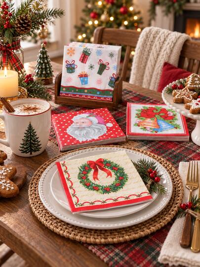Cirelle 20PCS Christmas Printed Paper Napkins, Red Holiday Disposable Dinner Napkins With Santa, Snowman, Wreath, Bells & Gift Patterns, Festive Table Decor For Xmas Party, Family Dinner, Winter Celebration, Wedding, Home & New Year Party Supplies