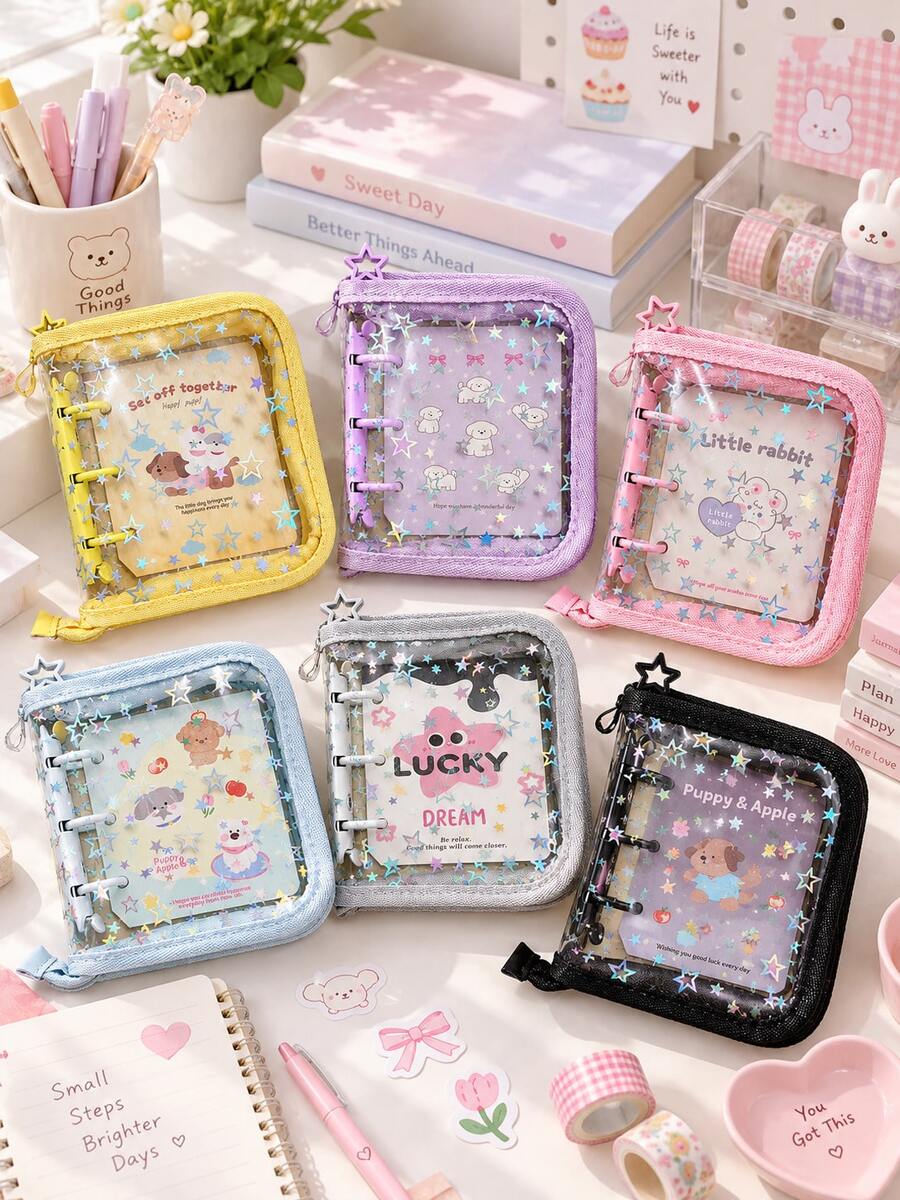 A8 3‑Hole Cartoon Rabbit Zipper Photo Album, Glitter Star 3‑Inch Photo Card Binder, 1‑Pocket Card Holder For Teen Girls, Kawaii Photo Card Collection Book - Multicolor - View 1