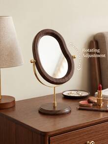 1Pc Asymmetrical Wavy Wooden Tabletop Makeup Mirror, Dark Brown Frame 360° Rotatable Desk Vanity Mirror, Gold/Black Metal Bracket Desktop Cosmetic Mirror For Bedroom Dresser Decor - Multicolor - View 6
