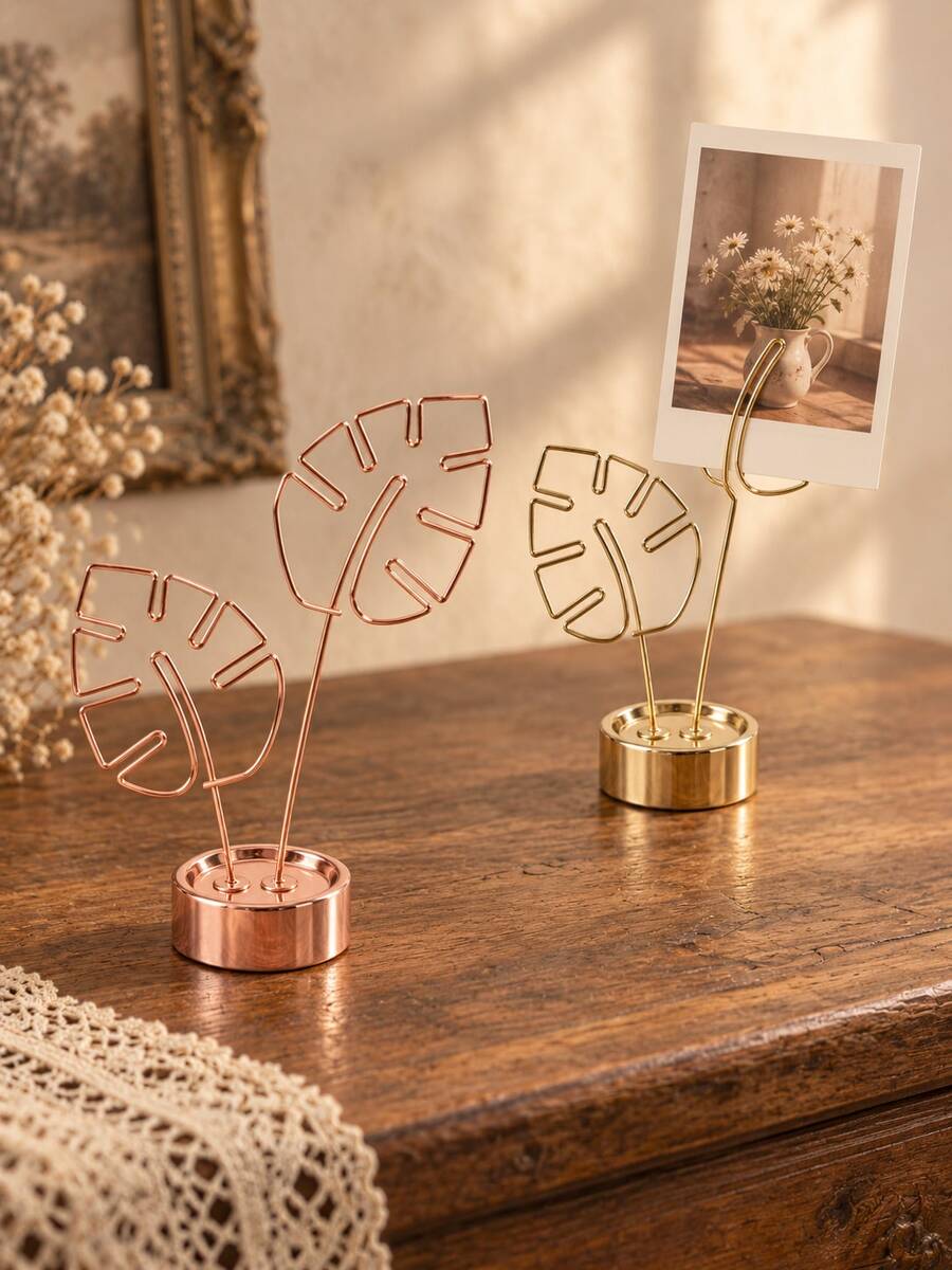 Cirelle 1Pc/2Pcs Photo Holder Stand, Hollow Monstera Tropical Leaf Shape Memo Clip, Non-Slip Stable Base, Aesthetic Boho Desk Decor, Multi-Functional Card & Picture Holder For Home Office Wedding Party, Housewarming Birthday Holiday Present - Multicolor - View 1