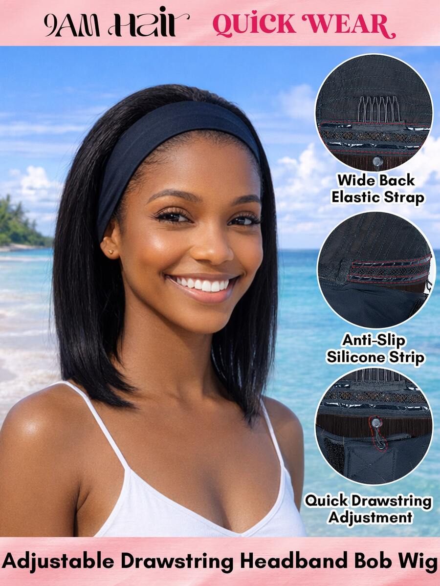 QUICK WEAR Headband Bob Wig Human Hair Glueless Install With Quick Drawstring Adjustment Natural Color Straight Hair 150% Density For Women, None Lace Wigs Human Hair Wear & Go For Beginner Friendly 9AM Hair Cosplay Y2K Ss26 - SNatural - View 1