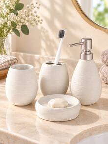 Cirelle Ceramic Sanitaryware Set,High End Luxury Washing And Wire Drawing Three Pieces Set Separately Bottled Toilet Lotion Bottle Soap Dish Ceramic Bathroom Four Piece Set, Bathroom Set, Essential Gift For Business, Housewarming, And Moving. - multicolor - View 10