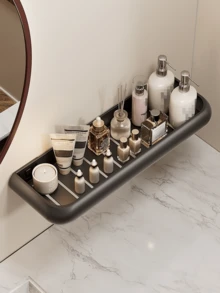 No‑Drill Wall‑Mount Bathroom Storage Shelf, Gunmetal Gray/Cream White High‑Appearance Organizer Rack For Vanity, Washroom And Restroom - Multicolor - View 2