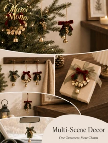 Muroi Mono 1Pc Vintage Christmas Hanging Ornament, Mini Rattan Wreath & Metal Bell Pendant, Real Pinecone Artificial Pine Sprig Berry Velvet Bow, 5‑Style Selectable, For Xmas Tree, Car, Gift Wrapping, Home Holiday Decoration - Multicolor - View 9