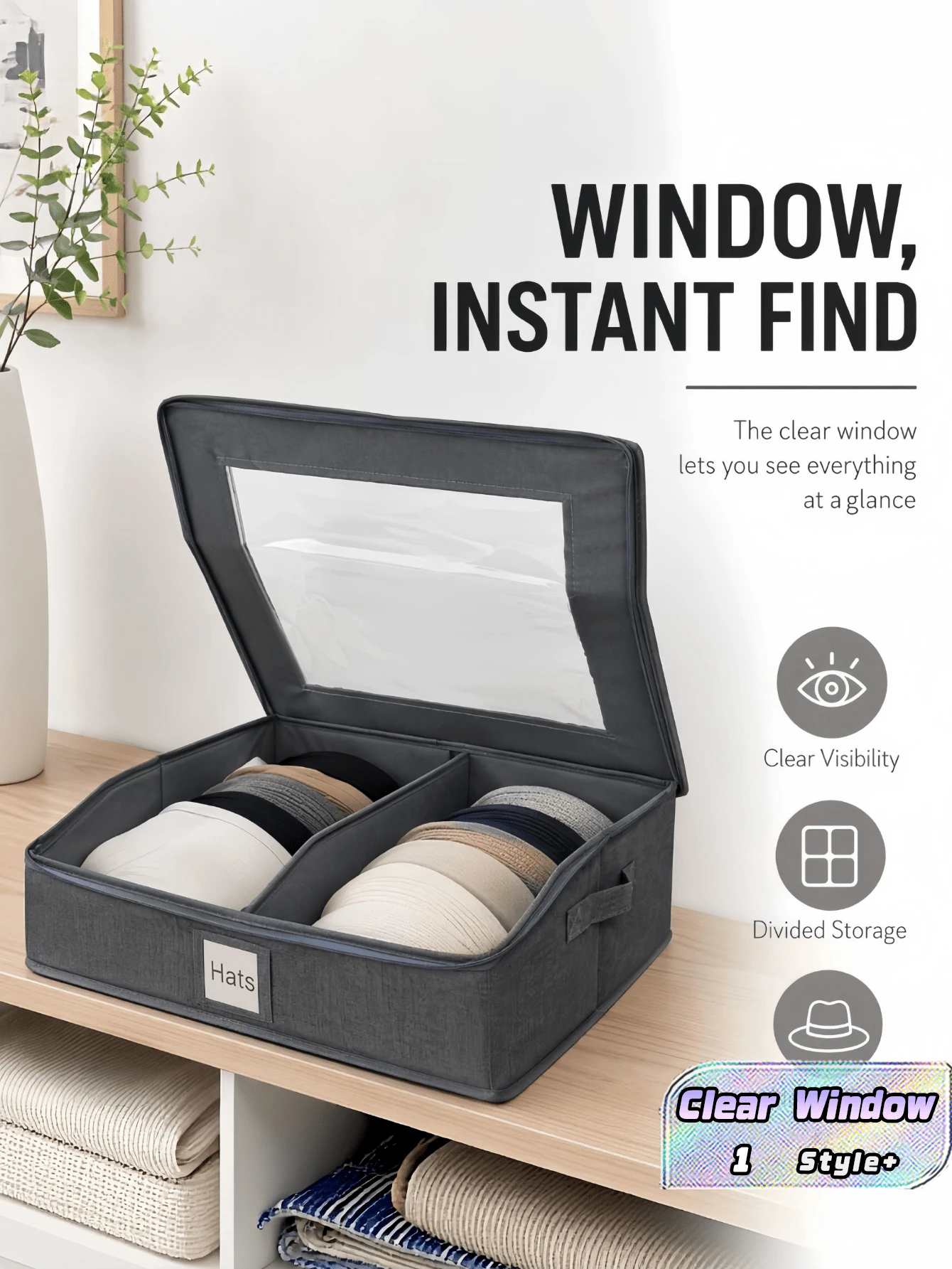 1PC Hat Storage Box Visible Multi Function Large Capacity Foldable Baseball Cap Organizer With Lid Dustproof For Home Closet Bedroom Entryway Travel Durable Stackable Space Saving Clear Window Quick Access - Dark Grey - View 1