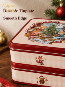 Muroi Mono 1/2Pcs Square Embossed Christmas Cute Animal Party Pattern Tin Box, Vintage Heavy‑Duty Metal Empty Storage Tin Can, Reusable Gift Container, Present Box For Xmas Party Favor, Table Desktop Home Decoration - Multicolor - View 4