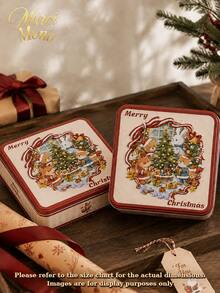 Muroi Mono 1/2Pcs Square Embossed Christmas Cute Animal Party Pattern Tin Box, Vintage Heavy‑Duty Metal Empty Storage Tin Can, Reusable Gift Container, Present Box For Xmas Party Favor, Table Desktop Home Decoration - Multicolor - View 2