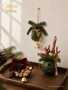 Muroi Mono 1Pc Vintage Christmas Hanging Ornament, Mini Rattan Wreath & Metal Bell Pendant, Real Pinecone Artificial Pine Sprig Berry Velvet Bow, 5‑Style Selectable, For Xmas Tree, Car, Gift Wrapping, Home Holiday Decoration - Multicolor - View 2