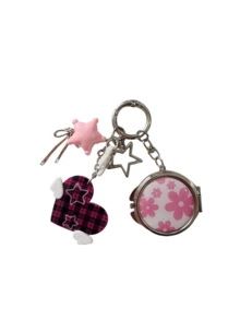 1pc Cute Floral Print Compact Mirror Keychain, Double‑Sided Folding Pocket Mirror With Heart‑Shaped Pendant, Portable Mini Makeup Mirror For Bag Decoration - Multicolor - View 12