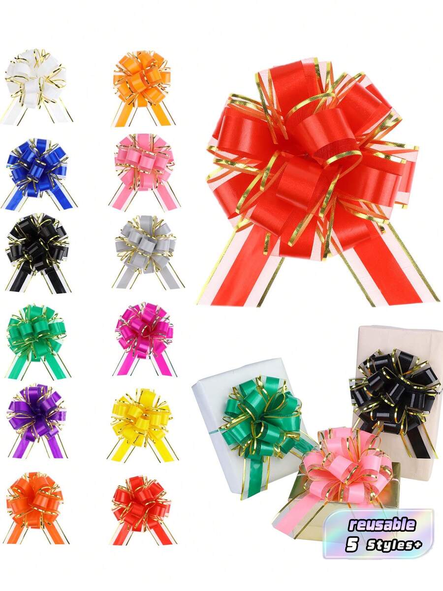 Ribbon Pull Bows Are Used For Gift Wrapping. The 6-Inch Large Pull Bows Are Suitable For Gift Basket Packaging And Wine Bottle Decoration. Satin Ribbons And Pom-Pom Bows Can Be Used For Weddings, Parties And Birthday Decorations. - Multicolor - View 1