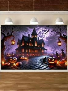 Halloween Full Moon Haunted House Backdrop, Witch Hut Autumn Leaves Pumpkin Lantern, Polyester Banner For Birthday, Anniversary, Wedding, Party, Home Decor - Multicolor - View 5
