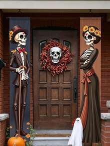 2‑PCS Halloween Skeleton Decoration Banner Set – Elegant Skeleton Porch Hanging Banners; Suitable For Halloween Yard Decor, Party Decorations, Event Styling, Porch Decor, And Halloween Photography Backdrops. - One Size Fits All - View 11