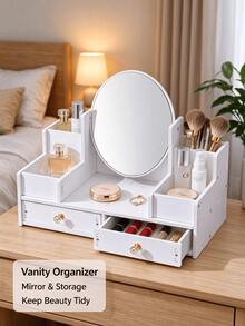 1PC Oval Mirror Vanity Cosmetic Storage Box With Double Drawers, Makeup Organizer, Must-Have Dressing Table Accessory - Double-draw Oval - View 2