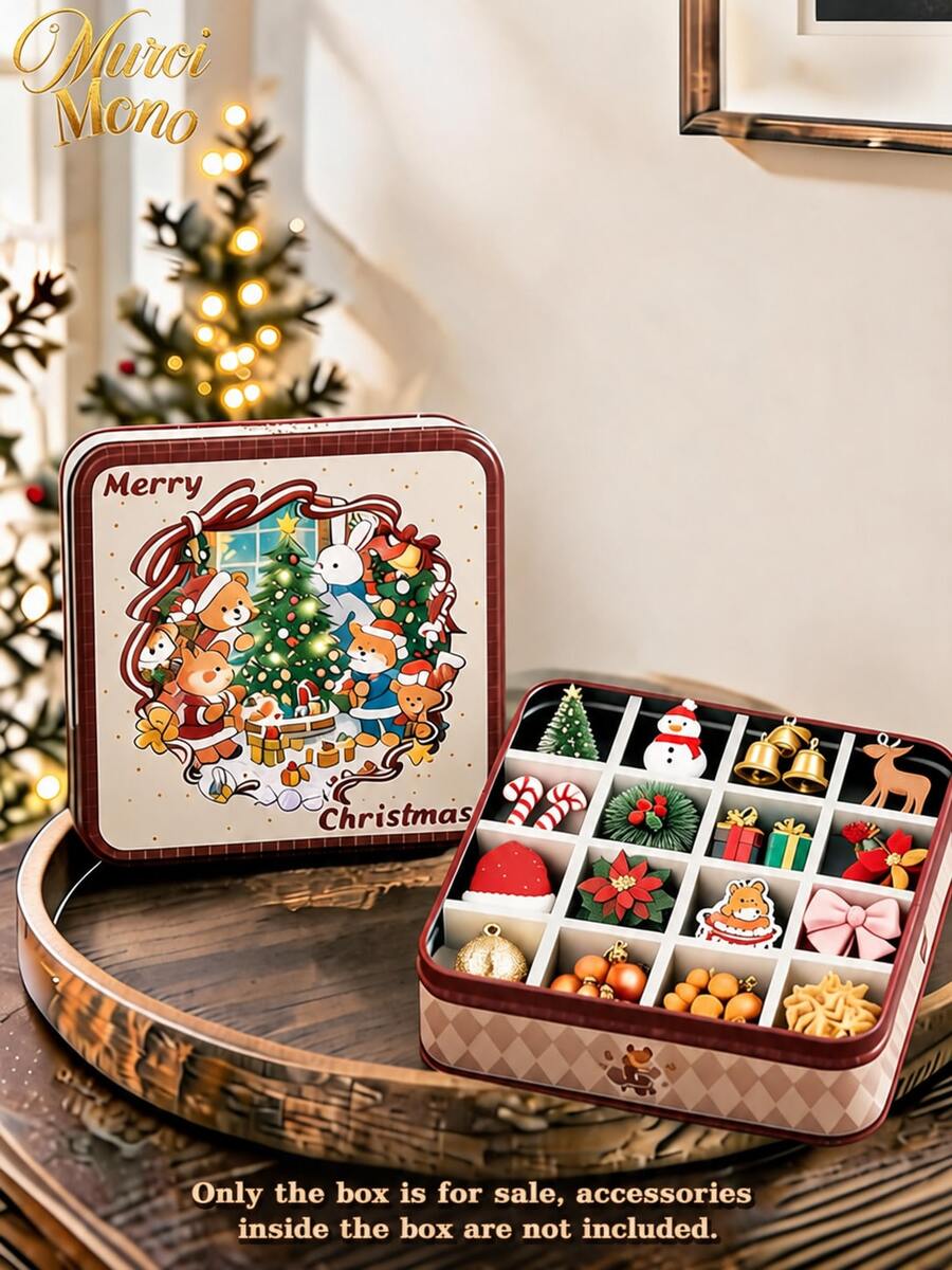 Muroi Mono 1/2Pcs Square Embossed Christmas Cute Animal Party Pattern Tin Box, Vintage Heavy‑Duty Metal Empty Storage Tin Can, Reusable Gift Container, Present Box For Xmas Party Favor, Table Desktop Home Decoration - Multicolor - View 1