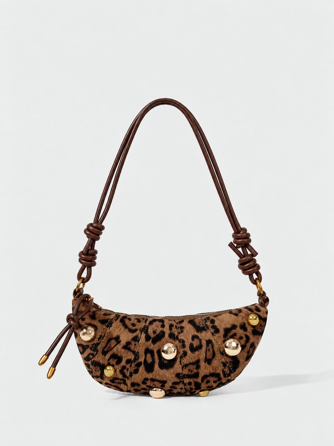 Grunge Punk Damen-Achseltasche mit Leopardenmuster und Plissee, Vintage-Metallnieten-Dekor, geknotetem Schultergurt, Croissant-Schultertasche