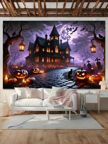 Halloween Full Moon Haunted House Backdrop, Witch Hut Autumn Leaves Pumpkin Lantern, Polyester Banner For Birthday, Anniversary, Wedding, Party, Home Decor - Multicolor - View 7