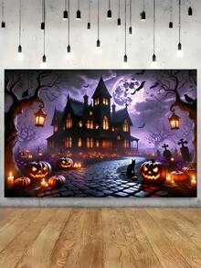 Halloween Full Moon Haunted House Backdrop, Witch Hut Autumn Leaves Pumpkin Lantern, Polyester Banner For Birthday, Anniversary, Wedding, Party, Home Decor - Multicolor - View 3