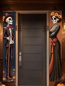 2‑PCS Halloween Skeleton Decoration Banner Set – Elegant Skeleton Porch Hanging Banners; Suitable For Halloween Yard Decor, Party Decorations, Event Styling, Porch Decor, And Halloween Photography Backdrops. - One Size Fits All - View 9