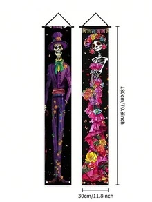 2‑PCS Halloween Skeleton Decoration Banner Set – Elegant Skeleton Porch Hanging Banners; Suitable For Halloween Yard Decor, Party Decorations, Event Styling, Porch Decor, And Halloween Photography Backdrops. - One Size Fits All - View 3