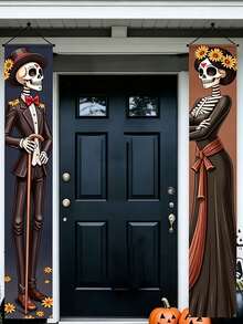 2‑PCS Halloween Skeleton Decoration Banner Set – Elegant Skeleton Porch Hanging Banners; Suitable For Halloween Yard Decor, Party Decorations, Event Styling, Porch Decor, And Halloween Photography Backdrops. - One Size Fits All - View 8