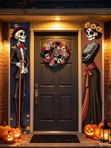 2‑PCS Halloween Skeleton Decoration Banner Set – Elegant Skeleton Porch Hanging Banners; Suitable For Halloween Yard Decor, Party Decorations, Event Styling, Porch Decor, And Halloween Photography Backdrops. - One Size Fits All - View 7
