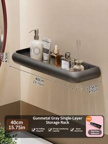 No‑Drill Wall‑Mount Bathroom Storage Shelf, Gunmetal Gray/Cream White High‑Appearance Organizer Rack For Vanity, Washroom And Restroom - Multicolor - View 4