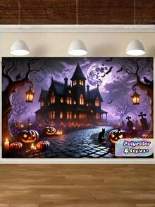 Halloween Full Moon Haunted House Backdrop, Witch Hut Autumn Leaves Pumpkin Lantern, Polyester Banner For Birthday, Anniversary, Wedding, Party, Home Decor - Multicolor - View 4