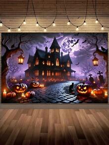Halloween Full Moon Haunted House Backdrop, Witch Hut Autumn Leaves Pumpkin Lantern, Polyester Banner For Birthday, Anniversary, Wedding, Party, Home Decor - Multicolor - View 6