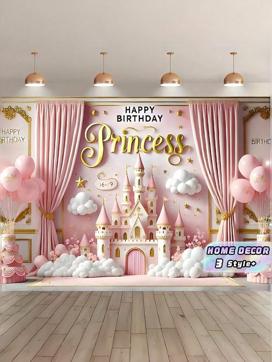 1PC MULTI SIZES POLYESTER PINK CASTLE CAKE BALLOON BIRTHDAY BACKDROP BANNER FOR INDOOR OUTDOOR GARDEN PARTY CELEBRATION PHOTO PROPS WALL HANGING DECOR - Multicolor - View 1
