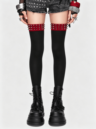 1 Pair Of Y2K Gothic Style Spiked Upper Socks - Punk Black And Red Rivet-Decorated Knee Socks, Suitable For Street Style And Festival Wear