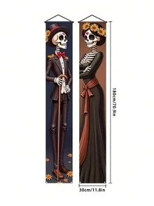 2‑PCS Halloween Skeleton Decoration Banner Set – Elegant Skeleton Porch Hanging Banners; Suitable For Halloween Yard Decor, Party Decorations, Event Styling, Porch Decor, And Halloween Photography Backdrops. - One Size Fits All - View 5