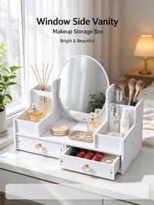 1PC Oval Mirror Vanity Cosmetic Storage Box With Double Drawers, Makeup Organizer, Must-Have Dressing Table Accessory - Double-draw Oval - View 3